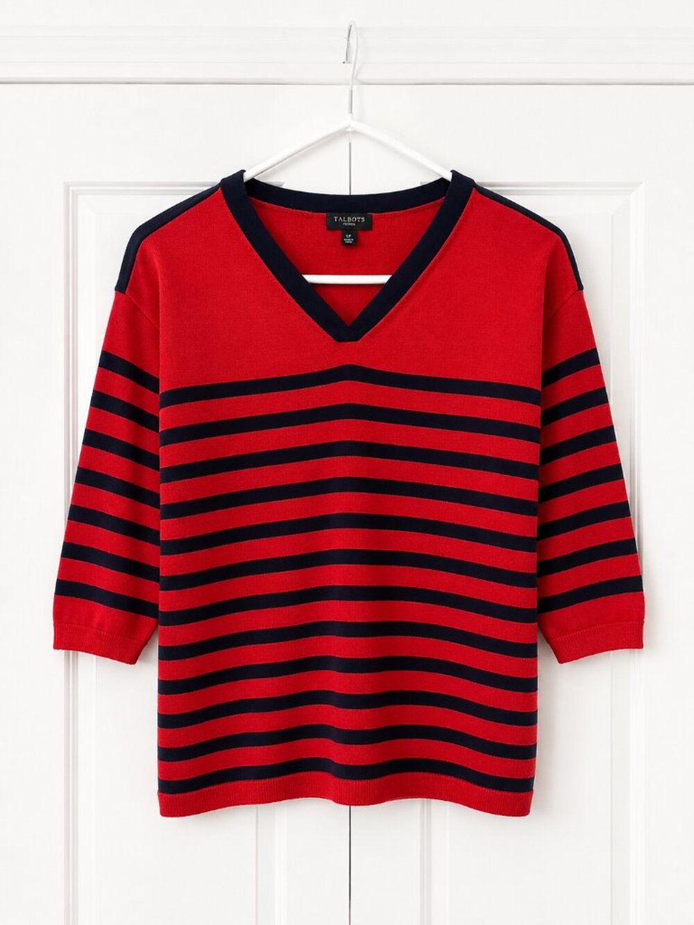 Talbots Petites Large Red Navy Striped V-Neck 3/4 Sleeve Sweater Top